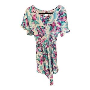 Aretha Shorts Romper, Size M, Blue, Pink Starfish Print, Ruffled Sleeves, Shorts